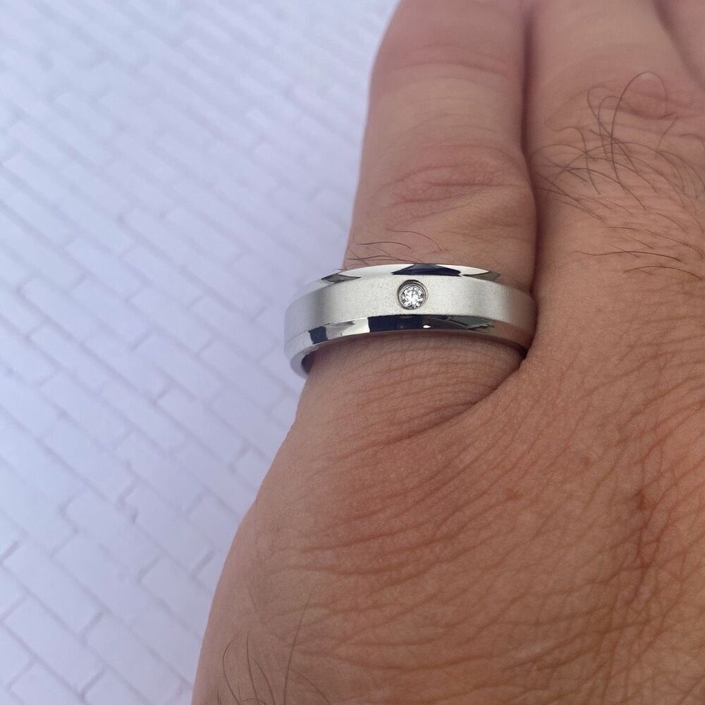Men’s Stainless Steel Ring Size 10 Silver Band w/ CZ Accent